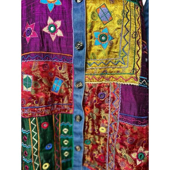 Vintage Cotton Blue Denim 100% Silk Patchwork Jacket 1X Funky Artsy Teacher 80's - Picture 6 of 8